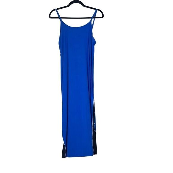 Eye Candy 1X Plus Maxi Tank Dress Blue Black Side Stripe Snaps Inlay Adjustable - Picture 1 of 7
